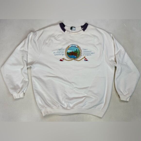 VINTAGE Izod Lighthouse Crewneck Sweatshirt Men XL White 90s - Picture 1 of 11